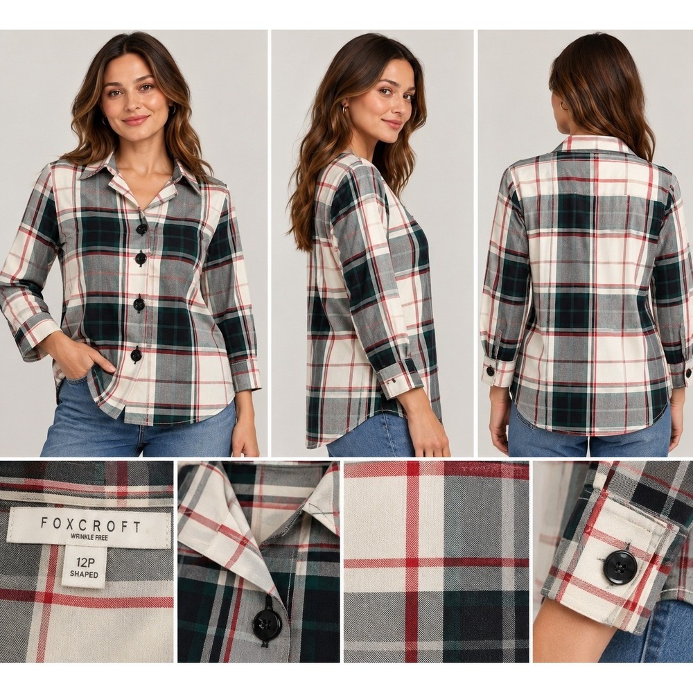 Foxcroft Wrinkle Free Shaped Plaid Button Down Shirt Green Red White 12P